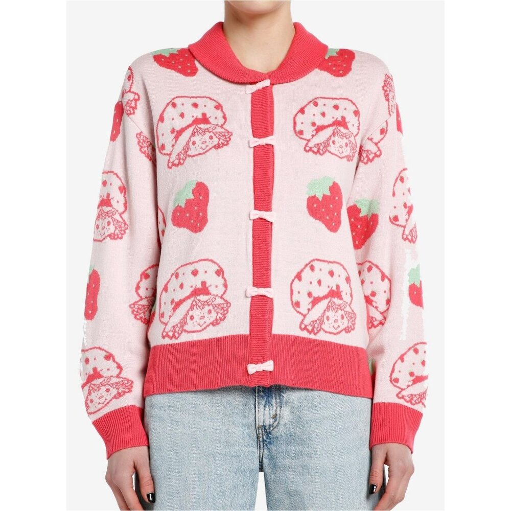Strawberry Shortcake Bow Cardigan Sweater M Pink Collared Knit Relaxed 90s 80s